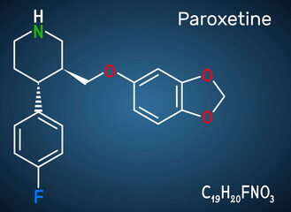 Sticker - Paroxetine, antidepressant, selective serotonin reuptake inhibitor SSRI, molecule. It is used in the therapy of depression, anxiety disorders. Structural chemical formula on the dark blue background