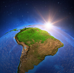 Wall Mural - surface of the planet earth viewed from a satellite, focused on south america and amazon rainforest,