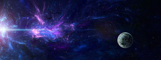 Wall Mural - Space scene, background, web banner. Colorful fractal nebula with planet. Elements furnished by NASA. 3D rendering