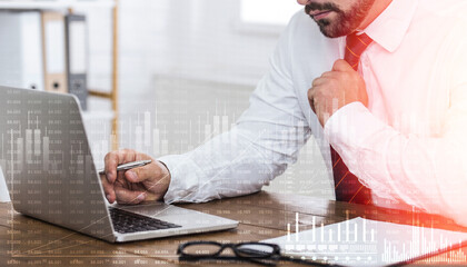 Leinwandbilder - Financial statistic layered over businessman using laptop for company growth analysis, collage