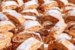 Many pieces of traditional apple strudel at the grocery autumn market (Selective focus)