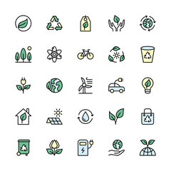 Environmental sustainability and energy sources in minimal style. Color symbols of ecology. Simple set of vector linear icons. Energy icon collection. Isolated contour illustrations for websites.