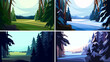Collection of coniferous forests in cartoon style. Beautiful nature landscapes.