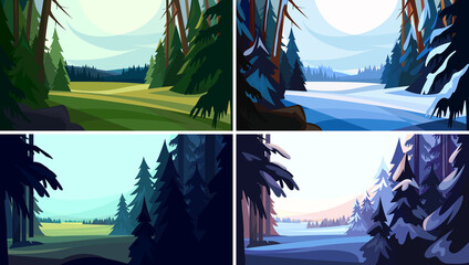 Wall Mural - collection of coniferous forests in cartoon style. beautiful nature landscapes.
