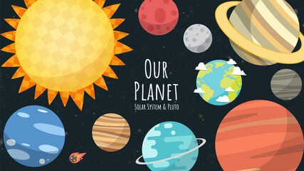 Wall Mural - set of universe, solar system planet and space element with lettering 