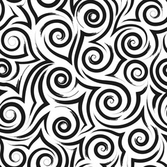 Geometric seamless pattern of smooth black waves of spirals and curls on a white background.Monochrome pattern sea or ocean stylized waves or ripples on the water.