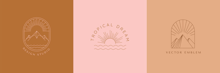Fototapete - Vector set of linear boho icons and symbols - sun logo design templates  - abstract design elements for decoration in modern minimalist style