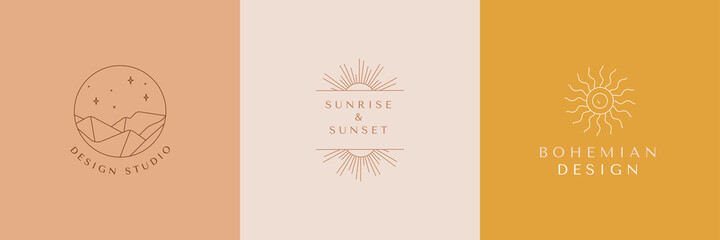 Fototapete - Vector set of linear boho icons and symbols - sun logo design templates  - abstract design elements for decoration in modern minimalist style