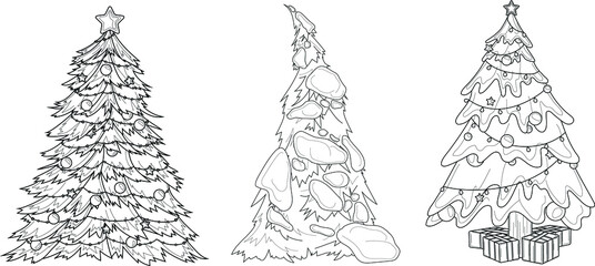 Realistic Christmas New Year winter tree with decorations, presents and snow sketch template set. Holiday cartoon vector illustration in black and white for games, decor. Coloring paper, page, book