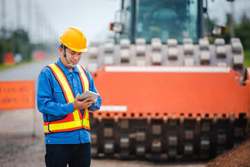 Asian engineers watch road rebuilding and inspect the construction of the road at the construction site.