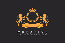Two Lion With Crown Vector Logo Design Isolated On Black Background