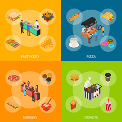 Sticker - Fast Food Cart Cafe Concept Banner Set 3d Isometric View. Vector