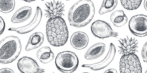 Wall Mural - Vector seamless pattern with hand drawn fruits in sketch style. Farm market products.