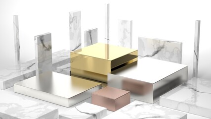 Wall Mural - Clean gold marble and copper podiums on white background for products, 3D render illustration