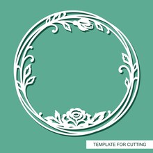 Floral Decorative Frame Made Of Leaves, Lines, Curls And Rose Flowers. White Round Pattern On A Green Background. Scrapbooking Element. Template For Laser Plotter Cutting Of Paper. Vector Illustration