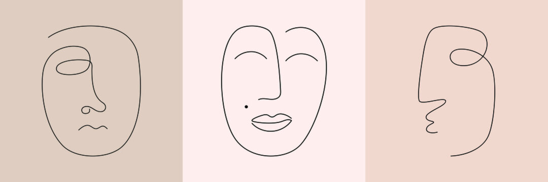 Continuous line Cubism face. Creative templates set in minimalist style with one line face portrait, modern abstract shapes. Contemporary design promotion