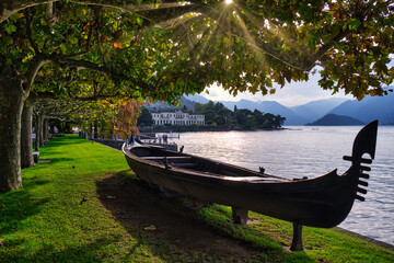 Typical lombard boat exhibited along lake Como