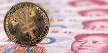 E-RMB Gold Coin, Over 100 Yuan Banknotes, Conceptual Image Of The Digital Version Of The Yuan. Chinese Decentralized Currency
