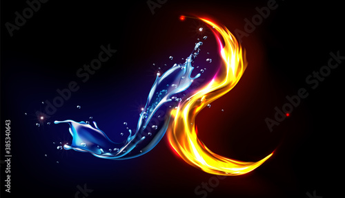 Cuadros en Lienzo Fire and water splash abstract design, opposites unite concept, blue liquid aqua