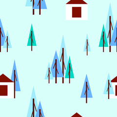 Wall Mural - Seamless pattern with winter blue fir trees and white house. Black background. Cartoon flat style. Garden or forest. Merry Christmas. Postcards, wallpaper, textile, scrapbooking and wrapping paper