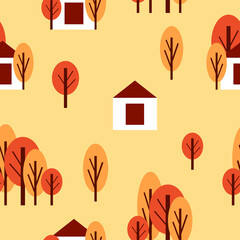 Wall Mural - Seamless pattern with autumn trees and white country house. Red and orange. Yellow background. Cartoon flat style. Garden or forest. Postcards, wallpaper, textile, scrapbooking and wrapping paper