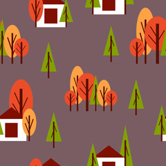 Wall Mural - Seamless pattern with autumn trees and white country house. Red, green and orange. Brown background. Cartoon style. Garden or forest. Postcards, wallpaper, textile, scrapbooking and wrapping paper