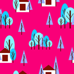 Wall Mural - Seamless pattern with winter blue trees and white house. Pink background. Cartoon flat style. Garden or forest. Merry Christmas. Postcards, wallpaper, textile, scrapbooking and wrapping paper