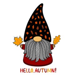 Autumn cute cartoon gnome. Vector illustration. Funny character in a hat made of leaves and text. Isolated on white background. For postcards, flyers, printing on t shirt, invitations, paper cutting .