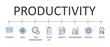 Vector productivity banner. Editable line stroke. A set of blue and yellow icons is the goal of the to-do list time management project. System strategy performance profit business process