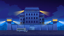 Guarded City Prison Building At Night With Two Watchtowers On A High Brick Fence With Barbed Wire, Bus For Transporting Prisoners. The Prison Has Steel Gates And Surveillance Cameras. Vector 