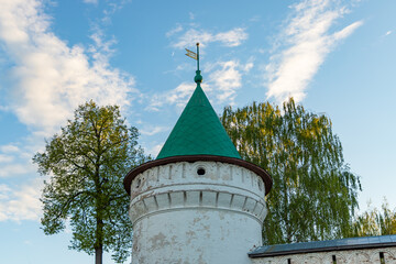 The fortress wall with the tower of the Ipatiev Monastery founded in the 15th century. Kostroma city.