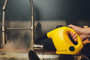 Wall Mural - Water tap in detail with limescale close up soiled bathroom Calcified faucet. cleaning with steam cleaner.