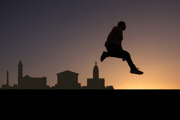 Poster - man in front of birmingham city skyline