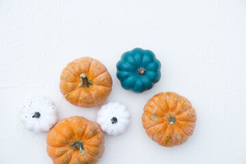 Poster - Top view of modern fall season pumpkins, isolated on white background.