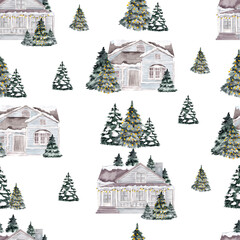 watercolor christmas seamless pattern with winter house, tree, isolated on white background