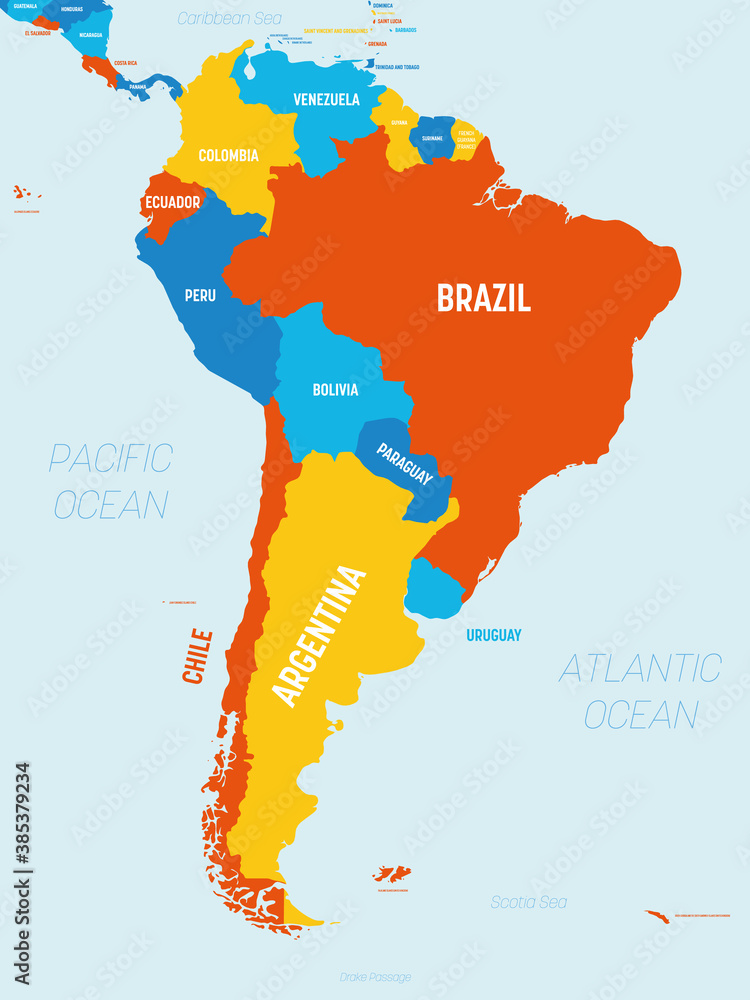 South America map - 4 bright color scheme. High detailed political