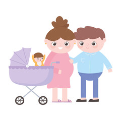 Poster - pregnancy and maternity, dad and pregnant mom with baby in pram