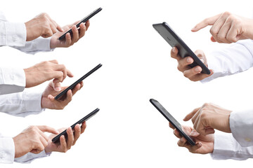 Canvas Print - collection of man hand using mobile smartphone isolated on white background with clipping path. side