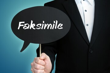 Faksimile. Mann (Anwalt) hält Schild mit Beschriftung. Sprechblase mit Text (deutsch). Hintergrund blau