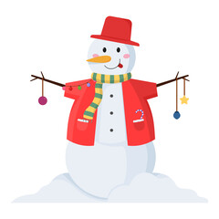 Wall Mural - Cartoon Snowman Wearing Woolen Clothes and Decorated From Bauble, Star, Lighting Garland on White Background.