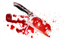 Meat Cleaver Knife Bloody And Drop Blood On White Background