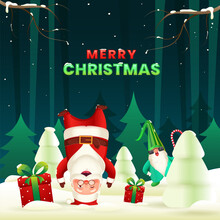 Cartoon Santa Claus Standing Upside Down With His Head, Gnome Character, Gift Boxes And Snowy Xmas Tree On Green Background For Merry Christmas Celebration.