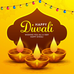 Sticker - Happy Diwali Celebration Wishing Card or Poster Design with Illuminated Oil Lamps and Lighting Garland on Yellow and Brown Background.