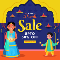 Sticker - Diwali Sale Poster Design with 50% Discount Offer, Cheerful Girl and Boy Celebrating Festival on Colorful Background.