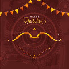 Poster - Happy Dussehra Celebration Poster Design with Bow Arrow Illustration and Bunting Flags on Brown Texture Mandala Pattern Background.