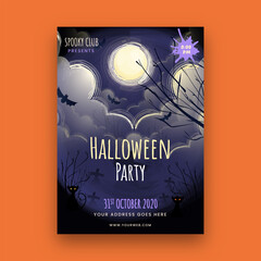 Poster - Halloween Party Flyer or Template, Invitation Design with Full Moon Graveyard View.