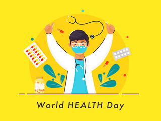 Sticker - Illustration of Doctor Boy Showing Thumbs Up with Medicines and Leaves on Yellow Background for World Health Day Concept.