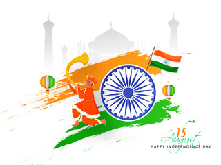 Sticker - Cartoon Man Blowing Tutari Horn with Indian Flag, Hot Air Balloons, Ashoka Wheel, Saffron and Green Brush Effect on White Taj Mahal Background for 15 August Celebration.