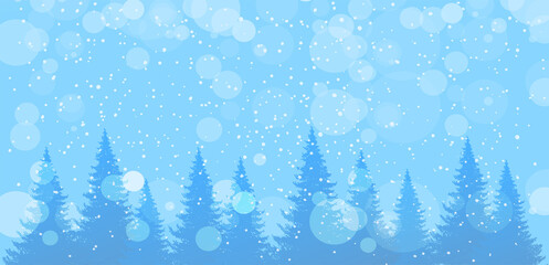 Wall Mural - Snowfall in the winter forest. Modern seasonal background, blue banner with copy space. Landscape with pine and fir trees, snowy sky. Vector illustration