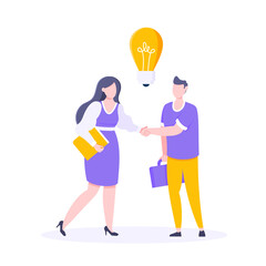 Two people shaking hands together and have an idea flat style design vector illustration. Join our team business concept.